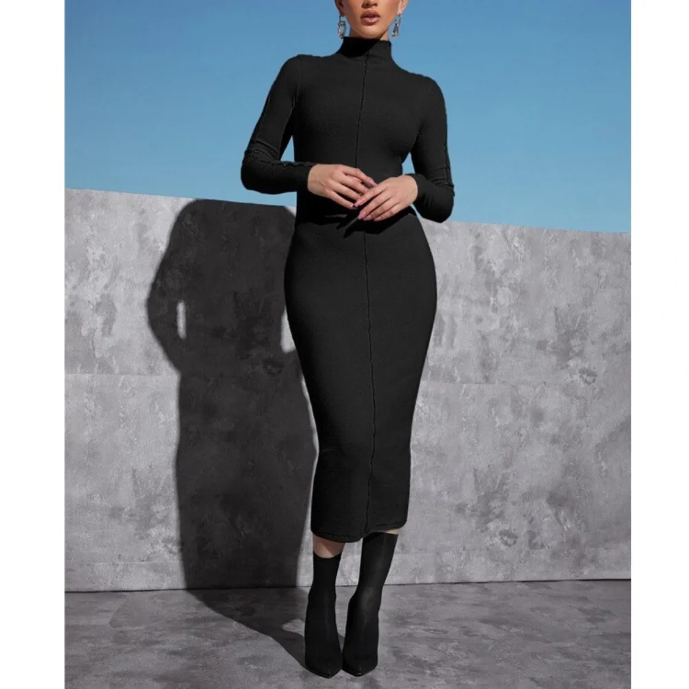 π€ BLACK MOCK NECK BODYCON MAXI DRESS! - Picture 5 of 6